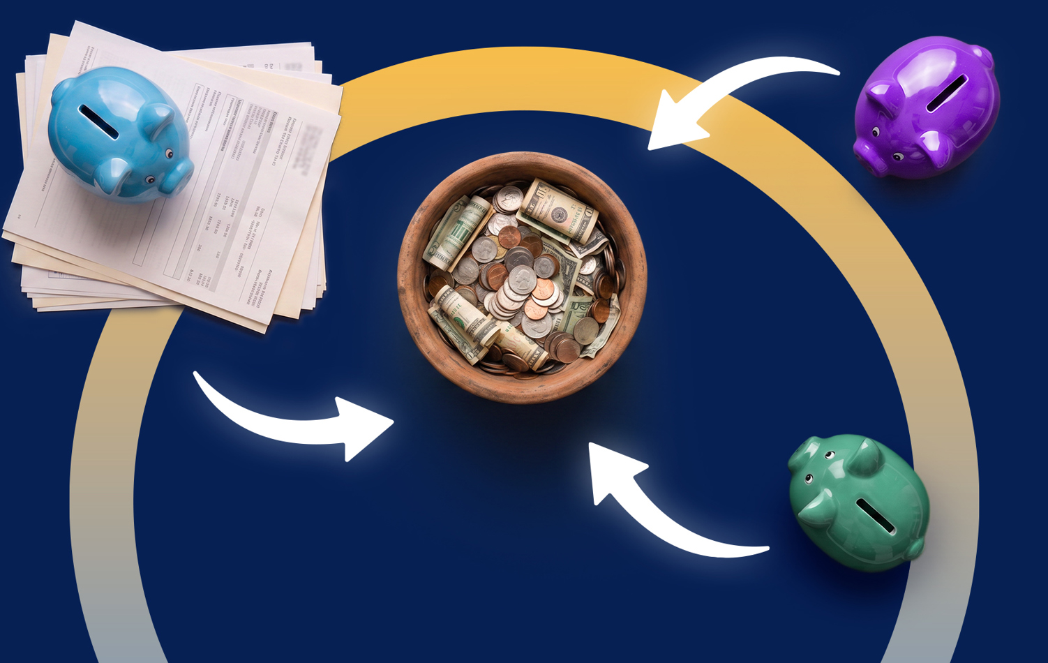showing several separate pension pots or documents combining into one central plan