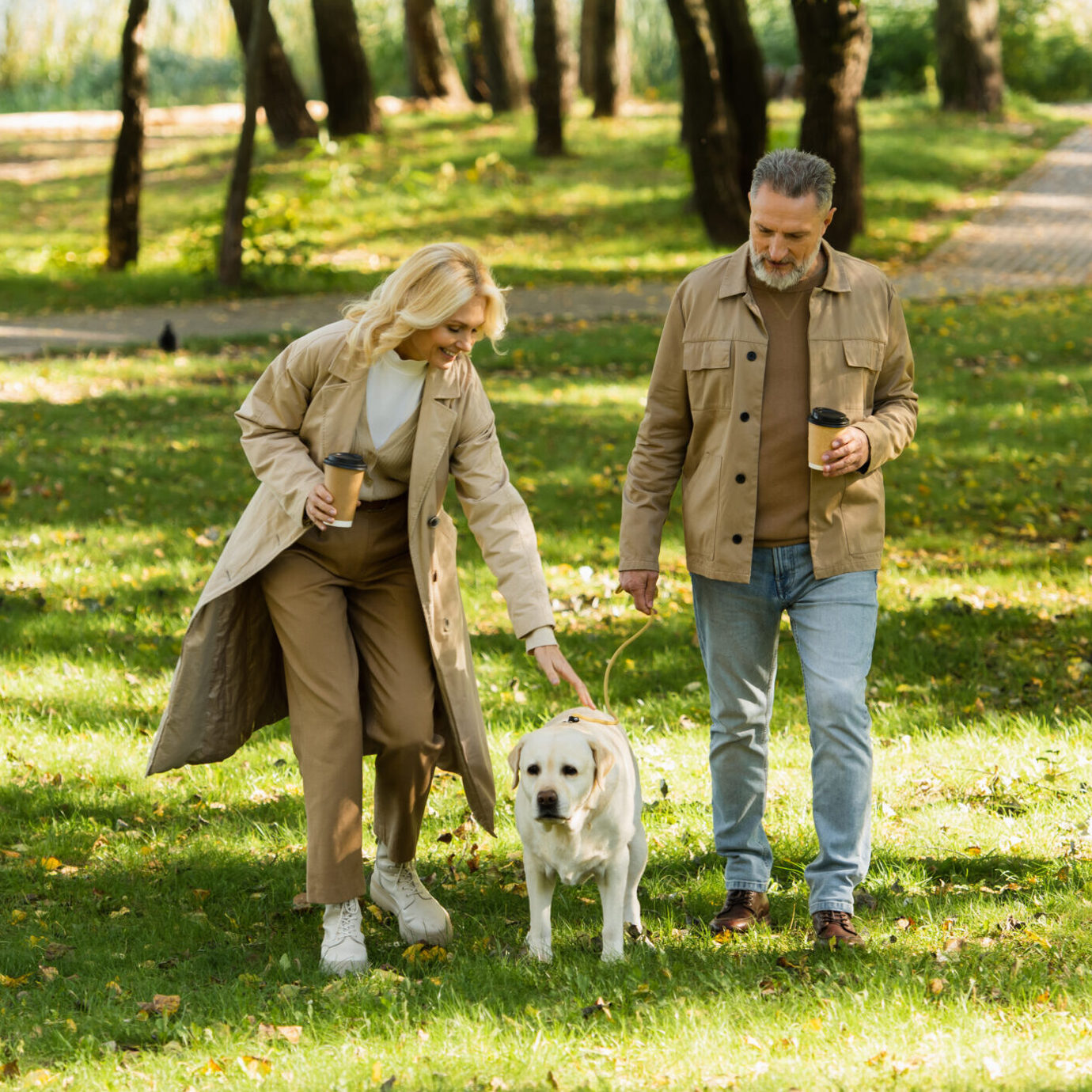 Senior couple enjoying a walk with their dog through a sunlit park.